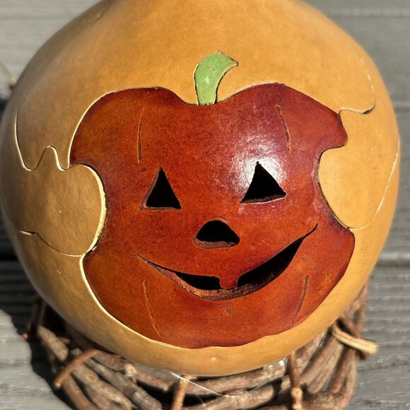 Halloween Gourd Hand Carved Ghost Jack-o-Latern Light - Picture 11 of 16